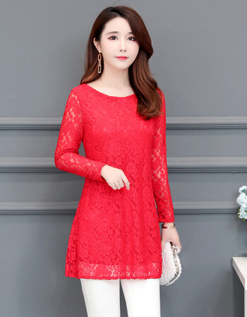 上衣女长袖百搭洋气小衫秋季内搭镂空网纱t恤上衣薄款打底衫 大红色