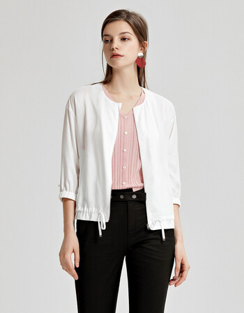 yifini/易菲2019夏简约通勤新款无领圆领宽松七分袖女短外套开衫 白色