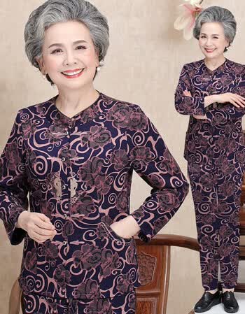 奶奶装衣服60-70-80岁老太太春夏装上衣裤子妈妈装唐装宽松绣花衣服 b