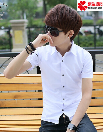 纯色短袖衬衫男士韩版修身休闲衣潮男装白色衣服寸社会小伙胖哥哥潮控