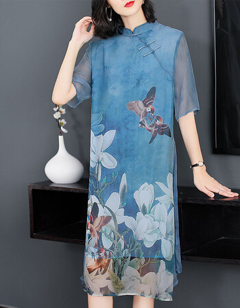 上新阔太太丝连衣裙高贵夏款很仙的网纱桑改良旗袍尾单大码 湖蓝色 l