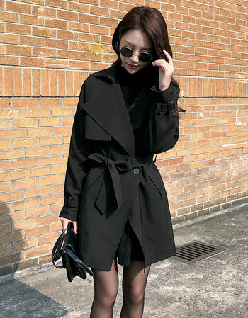 春秋季韩版新款中长款小个子风衣端庄大气学生休闲风外套女薄 黑色 s