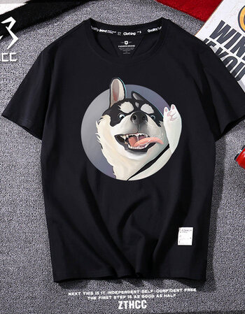 【新品】衣服男短袖宽松休闲2019新款棉质潮流百搭哈士奇二哈个性狗头