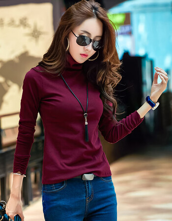 打底衫女2018秋冬韩版新款百搭紧身t恤纯色衫加绒长袖女上衣 酒红色 m