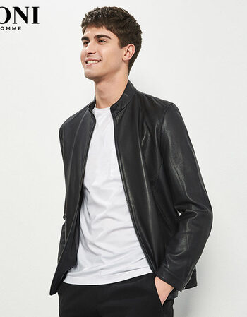 boni/堡尼商务休闲宽松皮夹克男立领羊皮真皮短款男外套皮衣春秋 藏