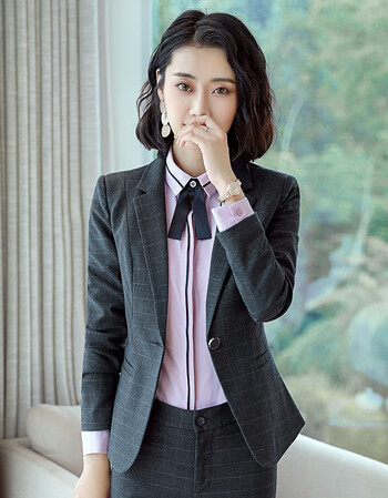 小西装女商务套装格子职业装正装西装工作服秋冬新款美容前台气质西服