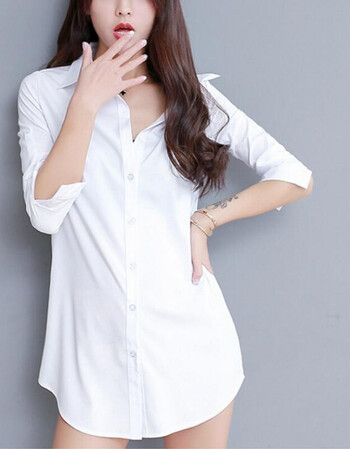 白衬衫女大码衬衣2018秋新款女装中长款韩版性感 中长款白色涤纶面料