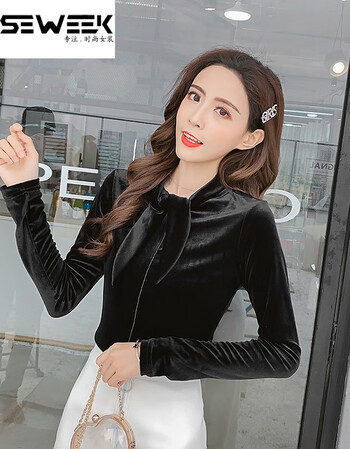 韩版加绒套头蝴蝶结衬衣chic上衣女初中高中生学生女青年少女孩 黑色