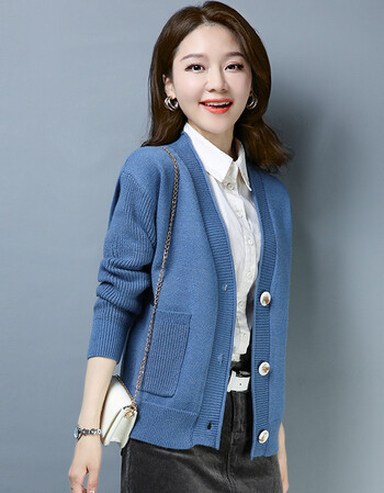 歌米拉 针织衫女开衫2019春秋新款女装宽松外搭慵懒风毛衣外套女 蓝色