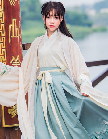 古风女装襦裙汉服女装改良中国风汉元素刺绣四件装大袖衫 披帛 m