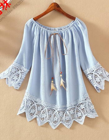 花边套头女上衣圆领修身小衫一字露肩性感雪纺衫时尚罩衫 花边袖蓝 s