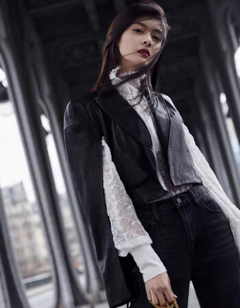 火箭少女101傅菁时装周同款皮衣女 2019春款斗蓬上衣 短外套 民族风