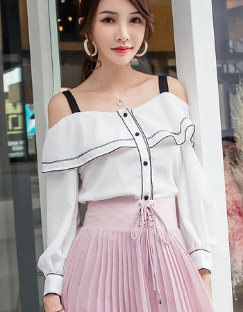 夏尔维纳长袖雪纺衫2018秋装新款一字领荷叶边小露香肩抹胸吊带露肩