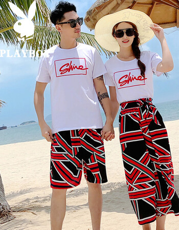 花花公子(playboy)情侣夏装短袖t恤套装男女海边度假沙滩情侣装民族风