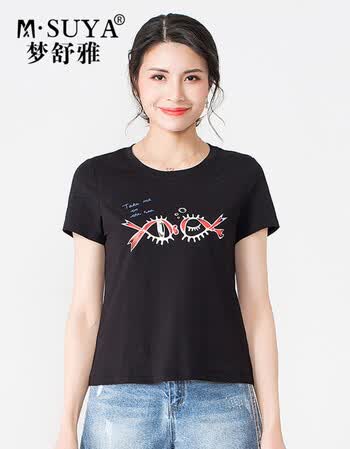 梦舒雅t恤女白色圆领2019夏季甜美简约打底衫印花短袖上衣女宽松 黑色