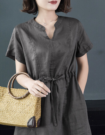 v领系带收腰短袖棉麻亚麻连衣裙女中长裙2019夏季新款麻料裙子 咖啡色