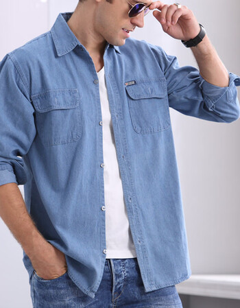 春夏季中年男纯棉士牛仔衬衫宽松加肥加大码长短袖薄款外套工作服