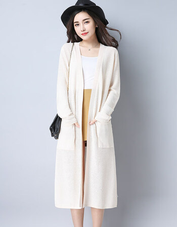 秋装新款韩版百搭长衫毛衣开衫女中长款外搭女士春秋针织外套 白色