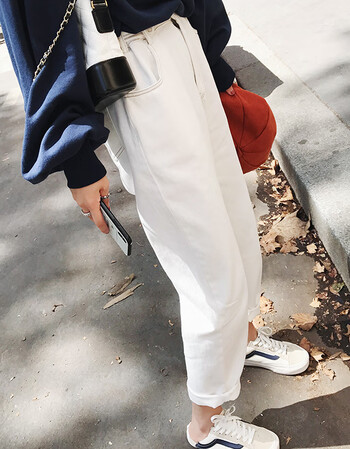 chic原宿直筒白色牛仔裤女春秋2018新款韩版学生宽松高腰工装裤 白色