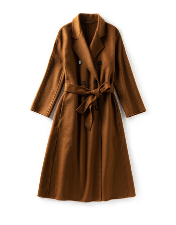 新款摩卡棕双排扣裙摆水波纹纯羊绒大衣0219 深驼 11月下旬 xs