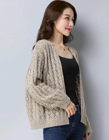 厚镂空毛衣女短款开衫春秋外套针织宽松时尚百搭 浅卡其 m