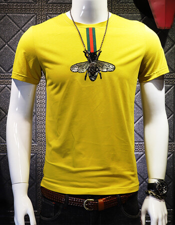 【京东优选】男士t恤修身丝光棉小蜜蜂刺绣潮流时尚半袖大码短袖体恤