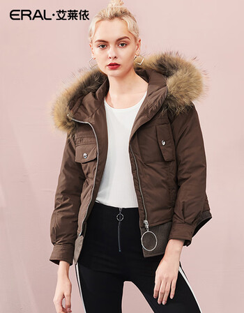 【京东预售】eral/艾莱依2018秋冬新款衬衫式假两件短款羽绒服女 棕