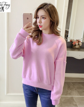 初中女生高中学生百搭长袖圆领卫衣女套头宽松显瘦针织绒衫潮 粉色 m