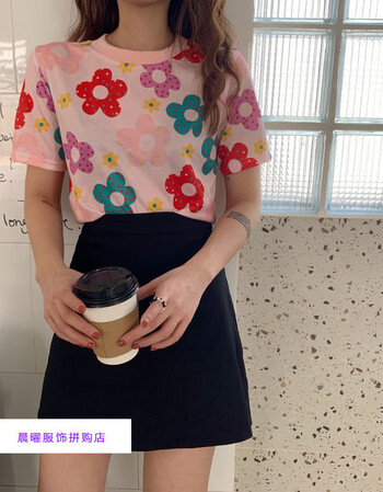 ifashion2019新款韩版夏季泫雅风粉色花朵印花露肚脐短款圆领修身上衣