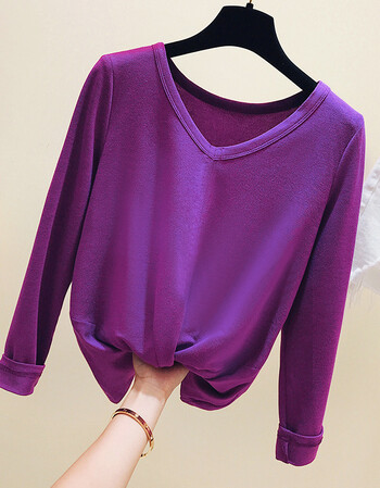 紫色t恤女长袖2018秋装新款韩版宽松显瘦v领chic港味体恤上衣 紫 