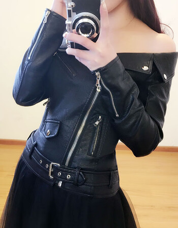 帅气百搭短款pu皮外套女性感机车露肩漏肩一字领显瘦黑色机车皮衣