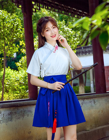 古装仙女飘逸清新淡雅古风儒裙 蓝色一(上衣 裙子)赠送扇子眉心贴和