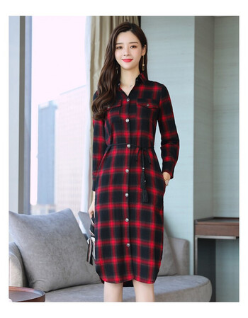 2018新款春秋装新款格子长袖连衣裙女修身显瘦中长款衬衣领不规则长裙