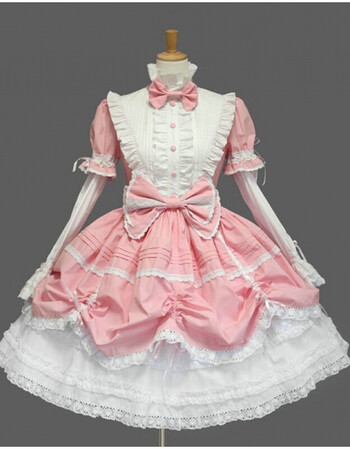 lolita哥特式褶皱接袖立领连身短裙宫廷洋装颜色可选 粉红色 l