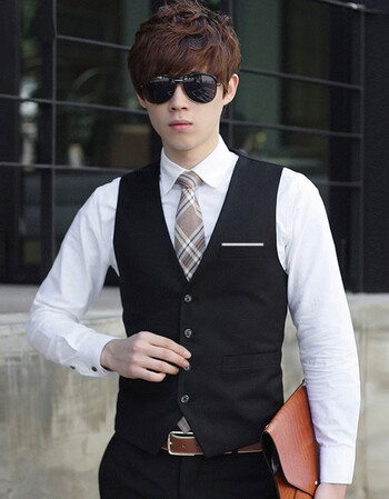 包邮男士马甲夏季西装马甲男春秋薄款西服潮背心工装衬衫婚礼休闲黑色