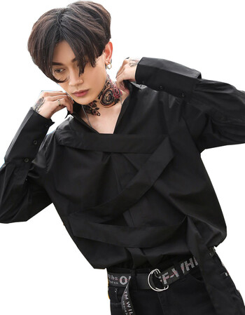 个性夜店dj发型师潮流纯色衬衣潮 黑色 m