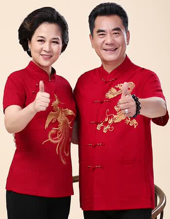 爸爸妈妈婚礼宴会拜寿生日礼服唐装女短袖套装中国风棉麻中老年人爷爷