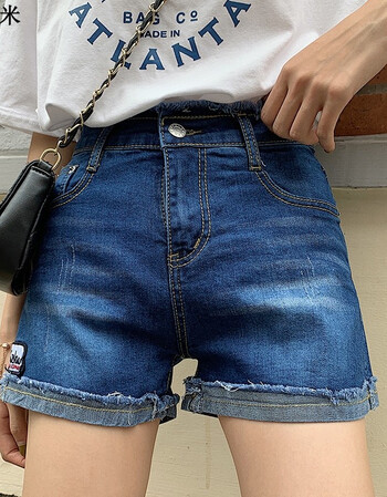 韩版显瘦宽松休闲时尚须边贴布高腰牛仔短裤女 深蓝色 25