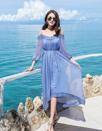 雪纺吊带连衣裙女冷淡风一字肩显瘦长裙超仙沙滩裙3059 浅蓝色 s