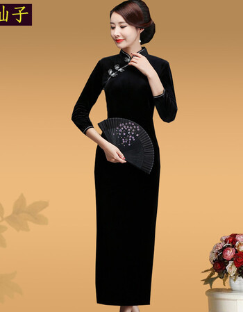 秋季时尚结婚宴婚礼服中老年妈妈装旗袍金丝绒修身中年连衣裙 黑色长