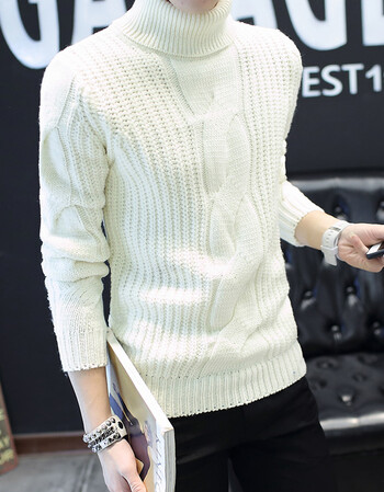 袋鼠秋冬潮男粗针毛线衣 男士韩版加厚毛线衫高领毛衣 p55 米白色 m