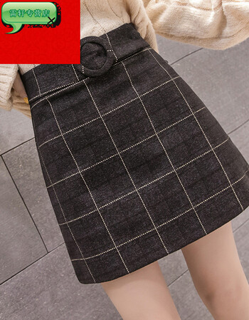 京东优选 格子短裙a字版2019春季新款韩版高腰裙子毛呢格子半身裙修身