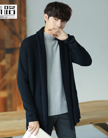 韩路针织衫男开衫纯色翻领薄款毛衣外套新品 黑色 m
