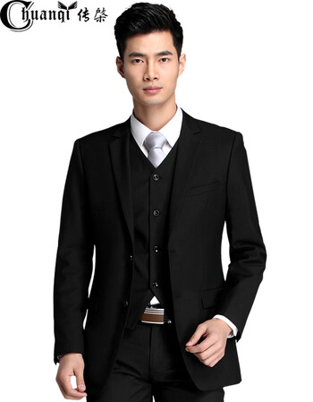 传棨 西装男修身商务休闲职业正装外套西服男套装结婚礼服 双扣黑色