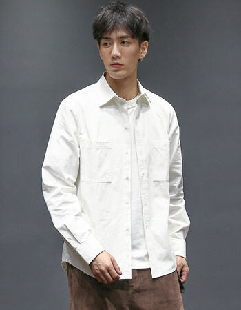 新品秋季日系复古青年宽松衬衣潮流休闲双口袋外穿翻领白衬衫寸衬衣男