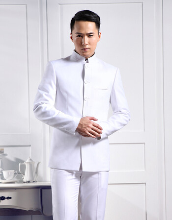 中山装男套装中青年修身西服加绒外套中华立领春夏季白色婚礼西装