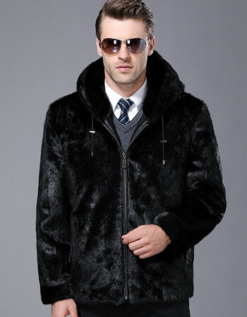 貂皮大衣男款整貂短款带帽反季中年水貂皮草裘皮男装拼貂外套 黑色