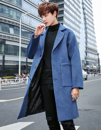毛呢外套12韩版潮流13高中学生15岁男孩14秋冬季呢大衣男16 蓝色 m_ 4
