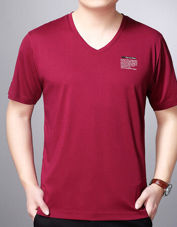 夏季中年男装男士休闲v领短袖t恤爸爸装棉汗衫老人宽松大码体恤 红色