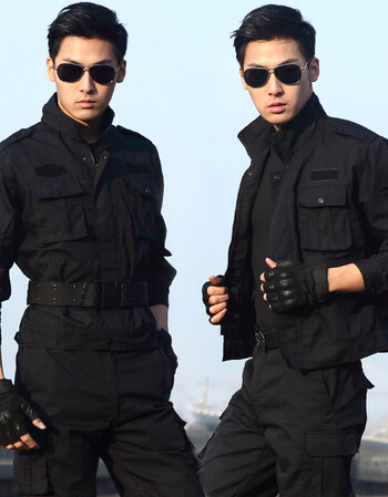 长袖黑色作训服套装男中国特种兵训练耐磨军装春季保安工作服 黑色作